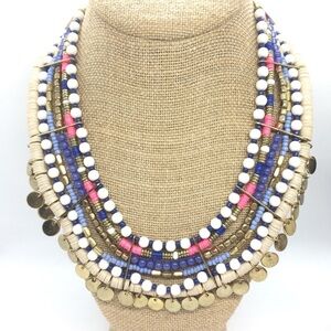 3/$30 HOT PINK BLUE SEQUIN BEAD COIN BIB STATEMENT BOHO TRIBAL NECKLACE COLORFUL